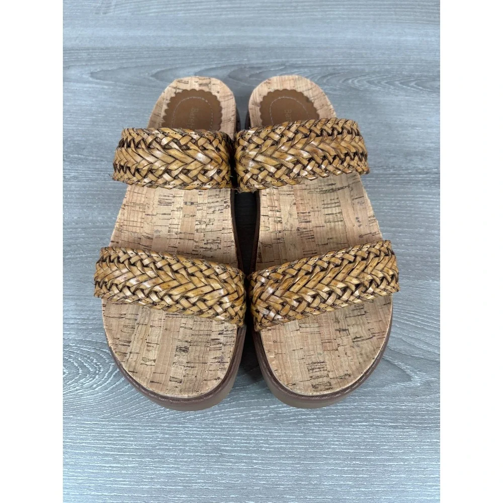 Baretraps Deanne Woven Braided 2 Strap Slide Sandals Brown Cork Platform Sz 7.5